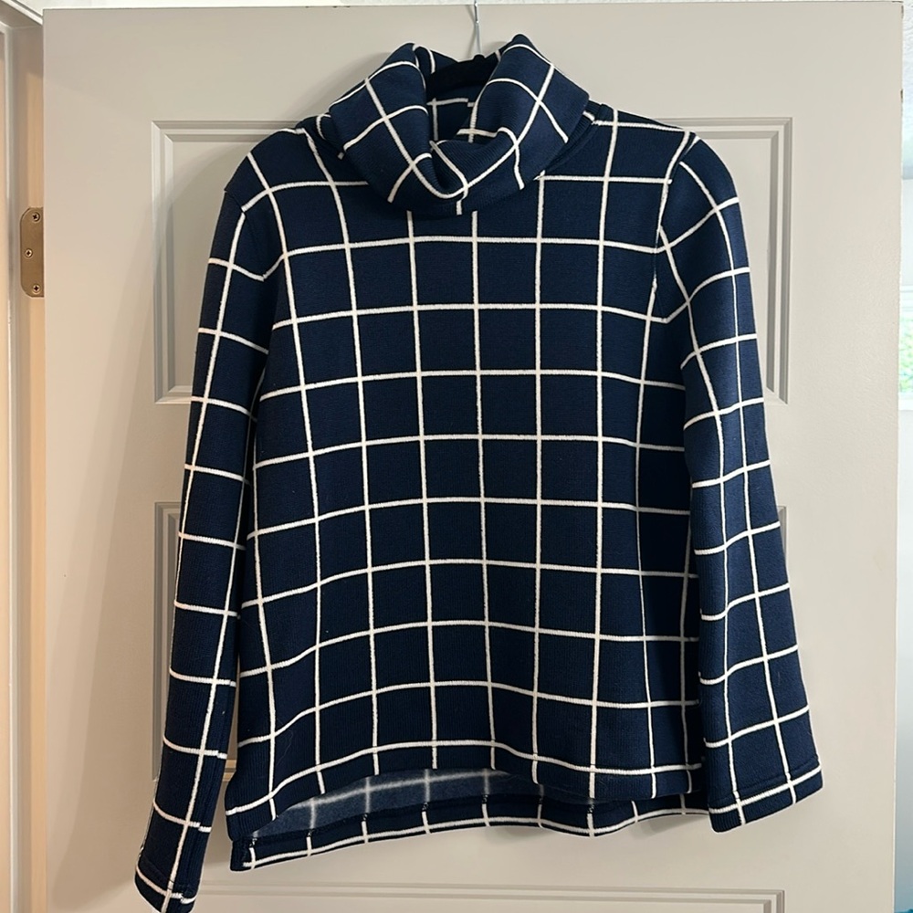 J. Crew Navy and White Grid Turtleneck Sweater